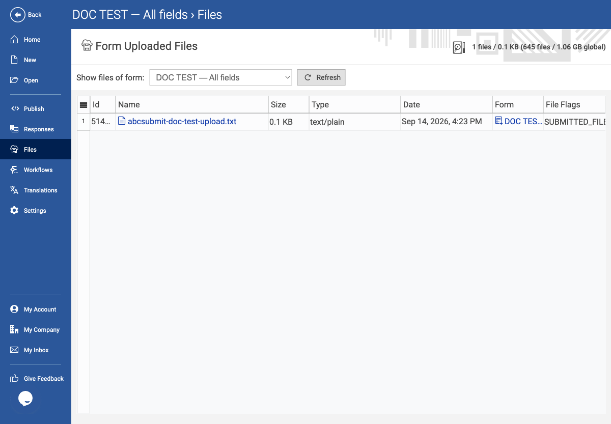 Non-empty Files grid with the test file.