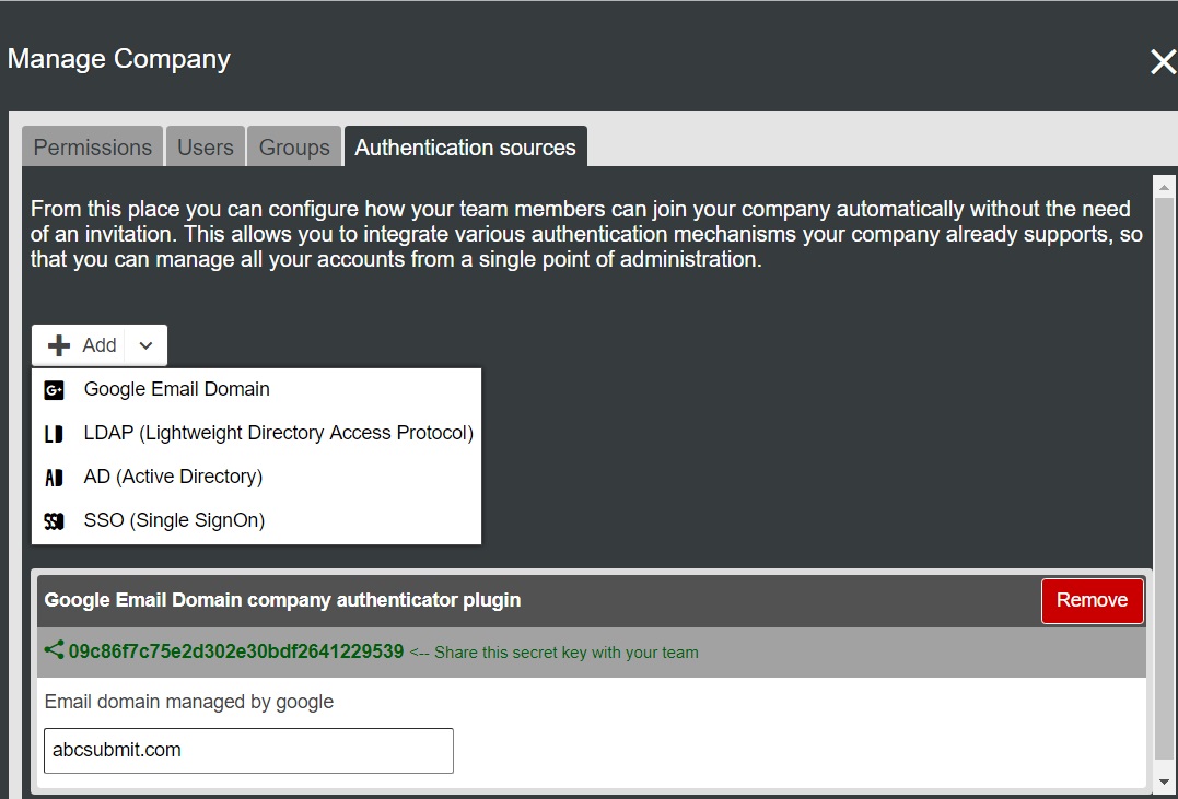 Available authentication sources for company staff on AbcSubmit