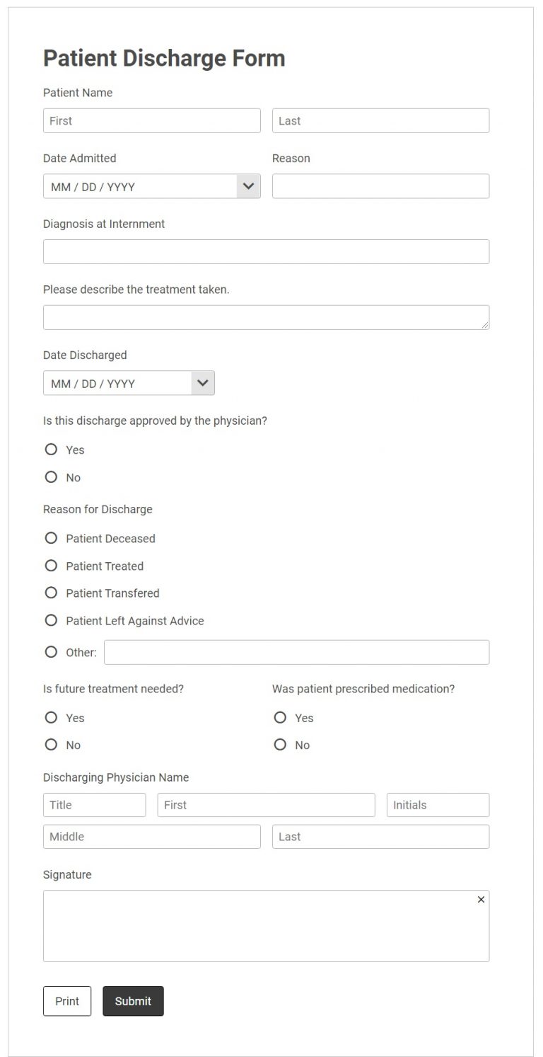 Hospital discharge paper form template AbcSubmit